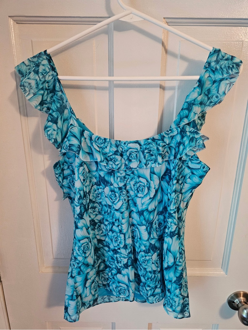Ann Taylor Blue Floral Ruffle Strap Tank Top